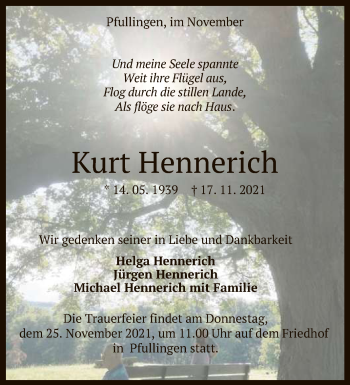 Anzeige von Kurt Hennerich von Reutlinger General-Anzeiger