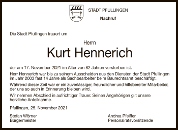 Anzeige von Kurt Hennerich von Reutlinger General-Anzeiger