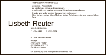 Anzeige von Lisbeth Reuter von Reutlinger General-Anzeiger
