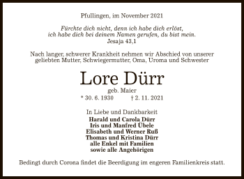 Anzeige von Lore Dürr von Reutlinger General-Anzeiger