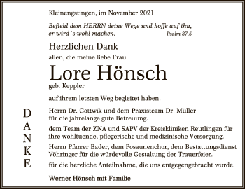 Anzeige von Lore Hönsch von Reutlinger General-Anzeiger