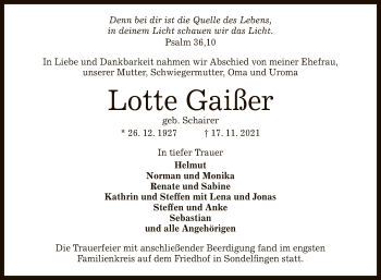 Anzeige von Lotte Gaißer von Reutlinger General-Anzeiger