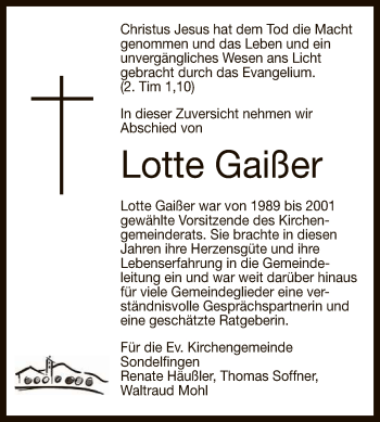 Anzeige von Lotte Gaißer von Reutlinger General-Anzeiger