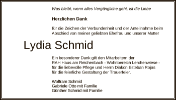 Anzeige von Lydia Schmid von Reutlinger General-Anzeiger