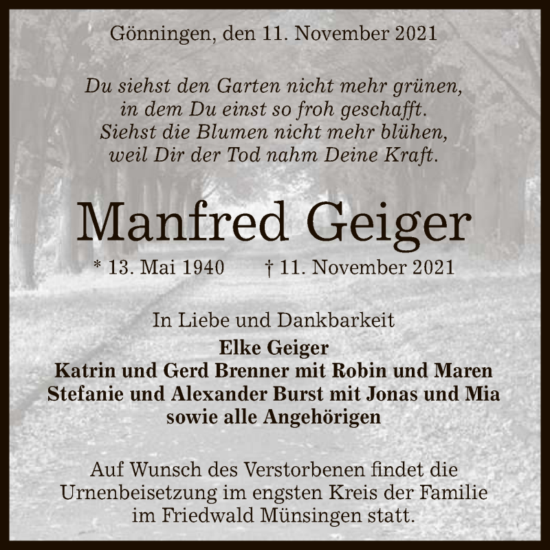  Traueranzeige für Manfred Geiger vom 13.11.2021 aus Reutlinger General-Anzeiger