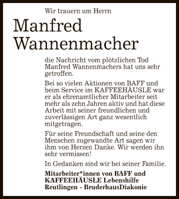 Anzeige von Manfred Wannenmacher von Reutlinger General-Anzeiger