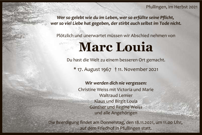  Traueranzeige für Marc Louia vom 16.11.2021 aus Reutlinger General-Anzeiger