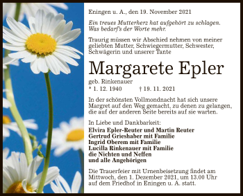 Anzeige von Margarete Epler von Reutlinger General-Anzeiger