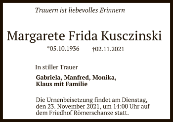 Anzeige von Margarete Frida Kusczinski von Reutlinger General-Anzeiger