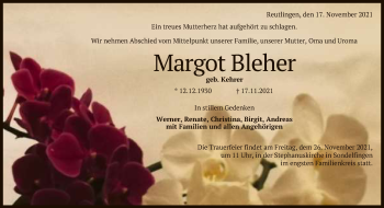 Anzeige von Margot Bleher von Reutlinger General-Anzeiger