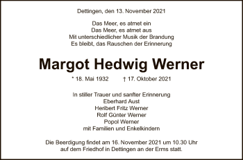 Anzeige von Margot Hedwig Werner von Reutlinger General-Anzeiger