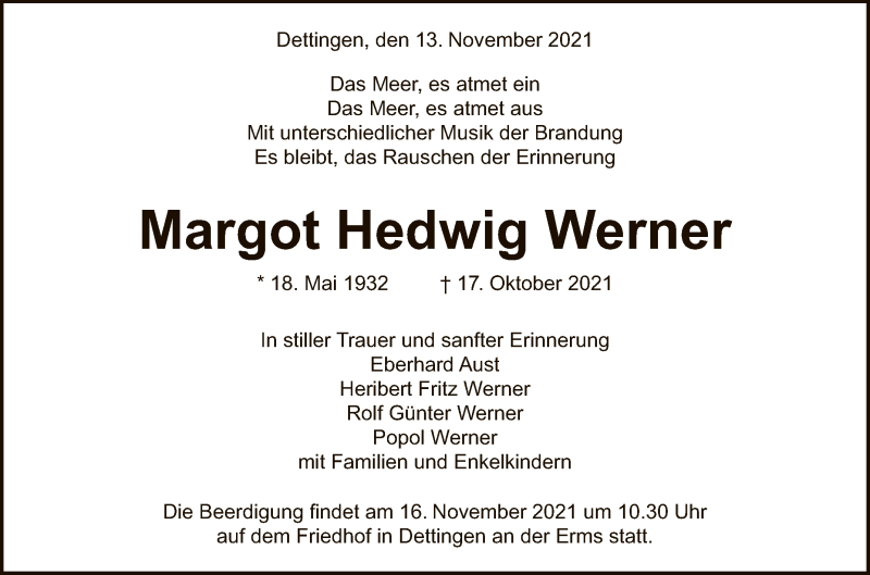  Traueranzeige für Margot Hedwig Werner vom 13.11.2021 aus Reutlinger General-Anzeiger