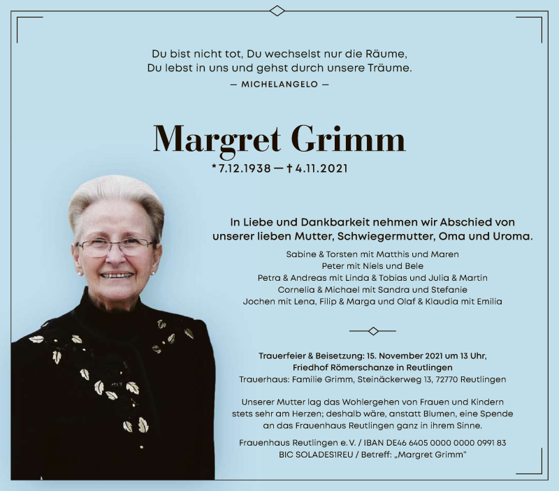  Traueranzeige für Margret Grimm vom 09.11.2021 aus Reutlinger General-Anzeiger