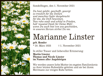 Anzeige von Marianne Linster von Reutlinger General-Anzeiger