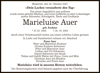 Anzeige von Marieluise Auer von Reutlinger General-Anzeiger