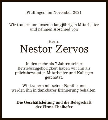 Anzeige von Nestor Zervos von Reutlinger General-Anzeiger