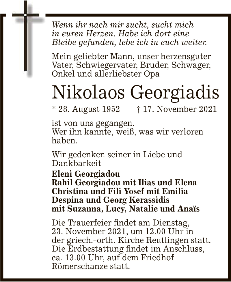  Traueranzeige für Nikolaos Georgiadis vom 20.11.2021 aus Reutlinger General-Anzeiger