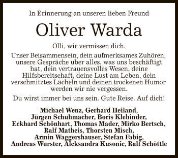 Anzeige von Oliver Warda von Reutlinger General-Anzeiger