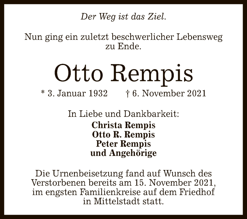  Traueranzeige für Otto Rempis vom 16.11.2021 aus Reutlinger General-Anzeiger
