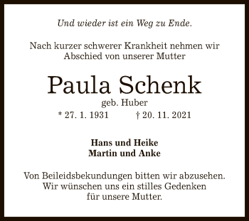 Anzeige von Paula Schenk von Reutlinger General-Anzeiger