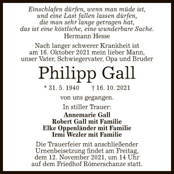 Anzeige von Philipp Gall von Reutlinger General-Anzeiger