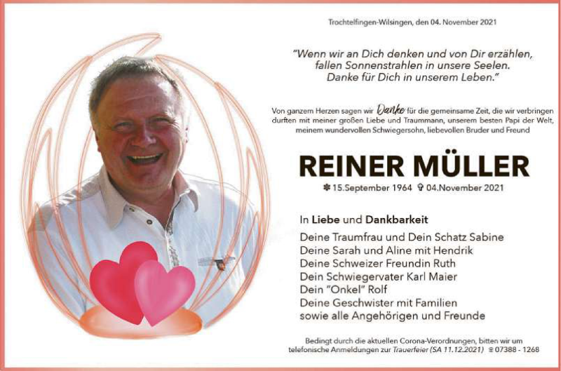  Traueranzeige für Reiner Müller vom 20.11.2021 aus Reutlinger General-Anzeiger