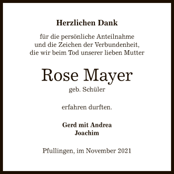 Anzeige von Rose Mayer von Reutlinger General-Anzeiger