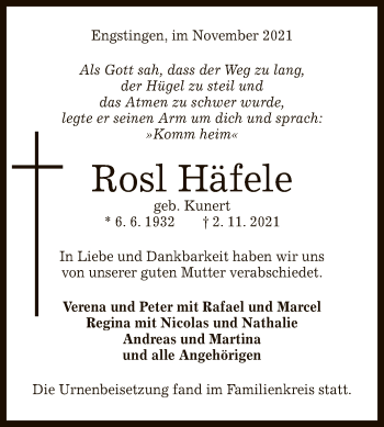 Anzeige von Rosl Häfele von Reutlinger General-Anzeiger