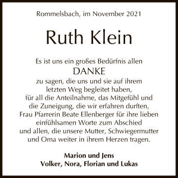 Anzeige von Ruth Klein von Reutlinger General-Anzeiger