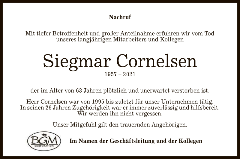 Traueranzeige für Siegmar Cornelsen vom 10.11.2021 aus Reutlinger General-Anzeiger