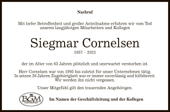 Anzeige von Siegmar Cornelsen von Reutlinger General-Anzeiger