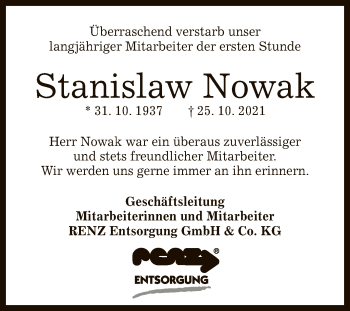 Anzeige von Stanislaw Nowak von Reutlinger General-Anzeiger