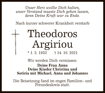 Anzeige von Theodoros Argiriou von Reutlinger General-Anzeiger