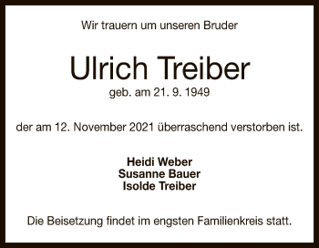 Anzeige von Ulrich Treiber von Reutlinger General-Anzeiger
