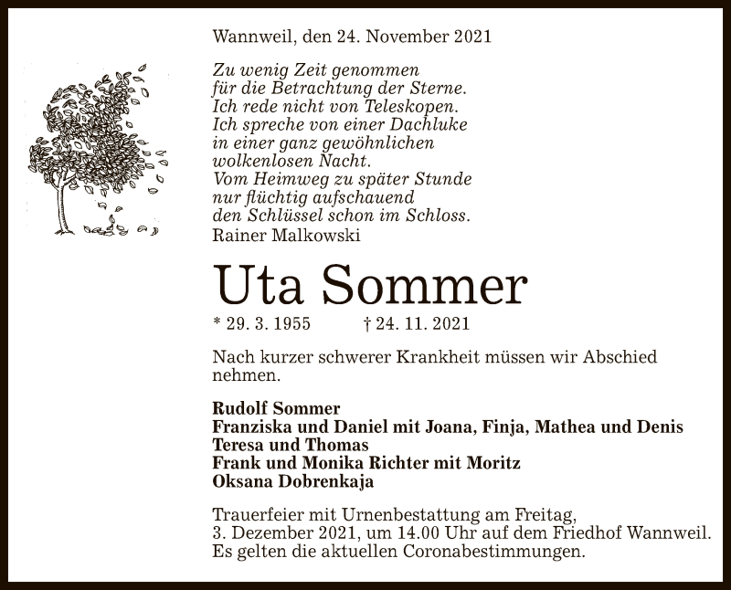  Traueranzeige für Uta Sommer vom 27.11.2021 aus Reutlinger General-Anzeiger