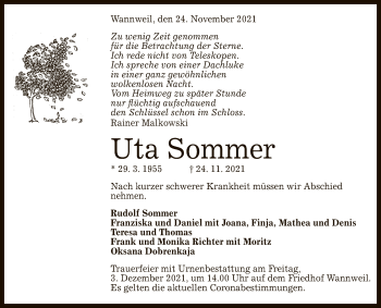 Anzeige von Uta Sommer von Reutlinger General-Anzeiger