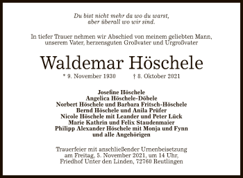 Anzeige von Waldemar Höschele von Reutlinger General-Anzeiger