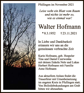Anzeige von Walter Hofmann von Reutlinger General-Anzeiger