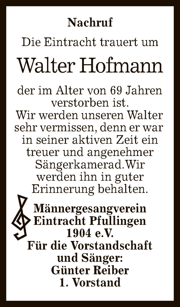  Traueranzeige für Walter Hofmann vom 30.11.2021 aus Reutlinger General-Anzeiger