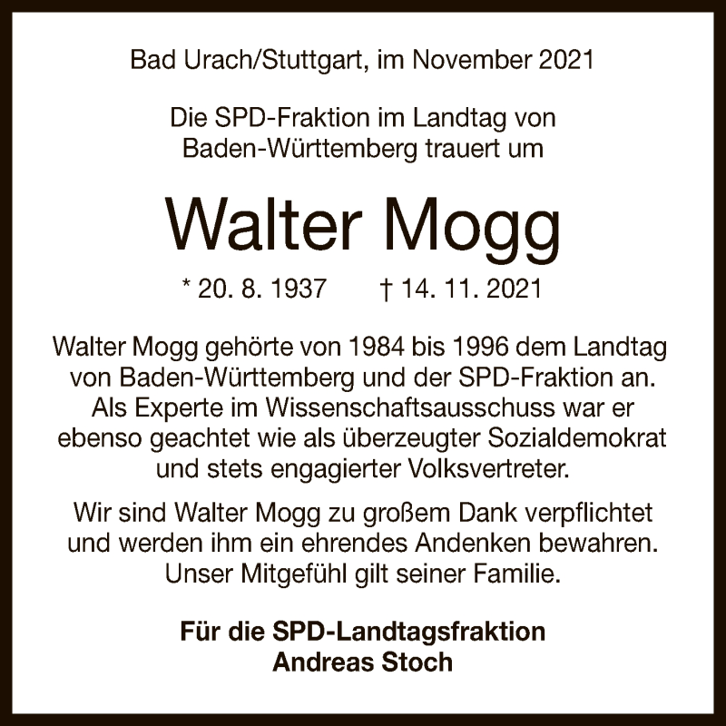  Traueranzeige für Walter Mogg vom 27.11.2021 aus Reutlinger General-Anzeiger