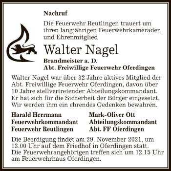 Anzeige von Walter Nagel von Reutlinger General-Anzeiger