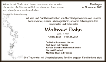 Anzeige von Waltraut Bohn von Reutlinger General-Anzeiger