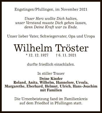 Anzeige von Wilhelm Tröster von Reutlinger General-Anzeiger