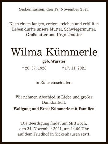 Anzeige von Wilma Kümmerle von Reutlinger General-Anzeiger