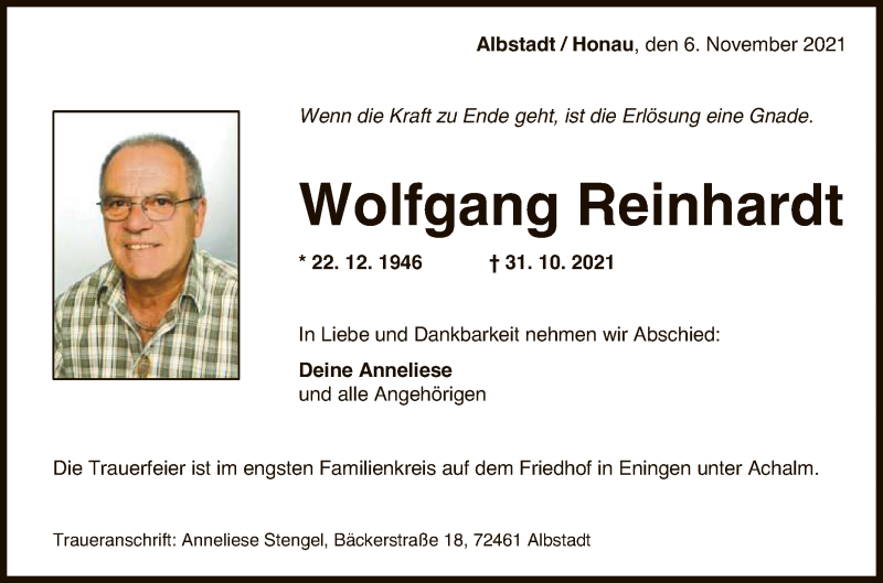  Traueranzeige für Wolfgang Reinhardt vom 06.11.2021 aus Reutlinger General-Anzeiger
