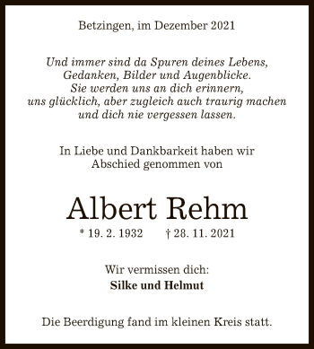 Anzeige von Albert Rehm von Reutlinger General-Anzeiger
