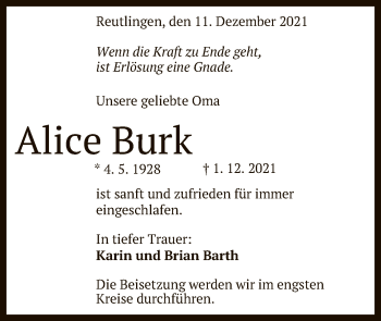 Anzeige von Alice Burk von Reutlinger General-Anzeiger