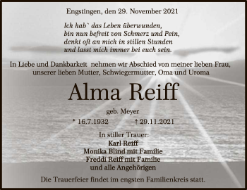 Anzeige von Alma Reiff von Reutlinger General-Anzeiger