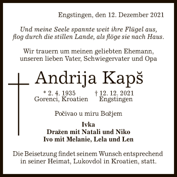 Anzeige von Andrija Kaps von Reutlinger General-Anzeiger