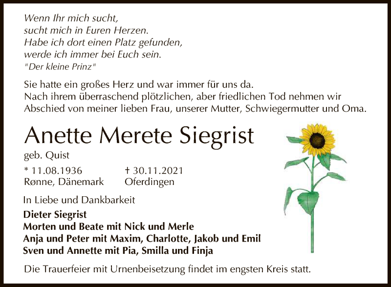  Traueranzeige für Anette Merete Siegrist vom 04.12.2021 aus Reutlinger General-Anzeiger